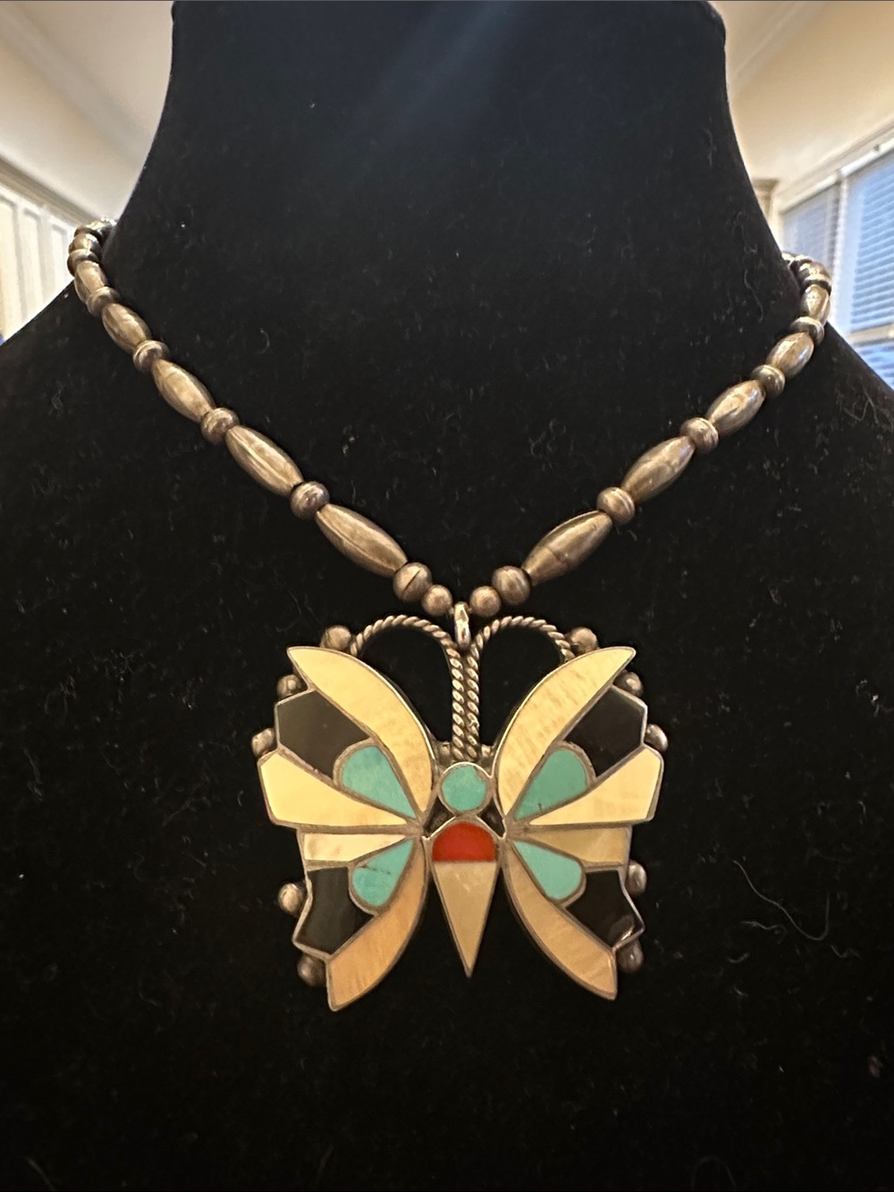 Sterling Silver Butterfly Turquoise Inlay Pendant Necklace - Hand signed
